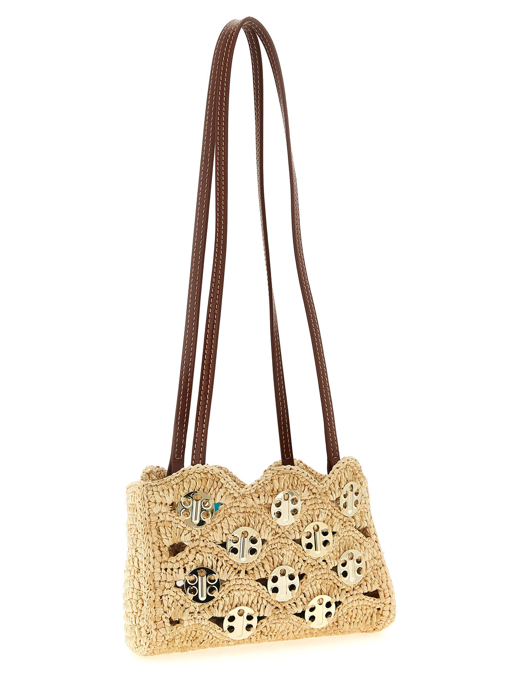 Sac beige en ramie de Paco Rabanne, sac à épaule élégant avec détails modernes, visible avec poignées et fermeture.