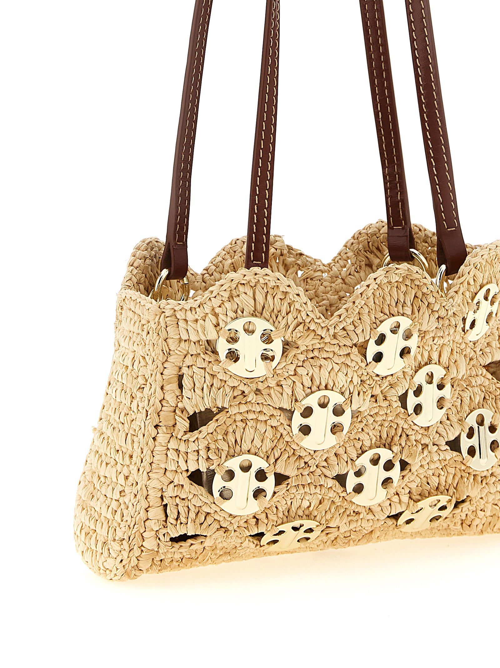 Sac à épaule beige en ramie de Paco Rabanne, avec détails élégants et texture naturelle visible dans l'image.