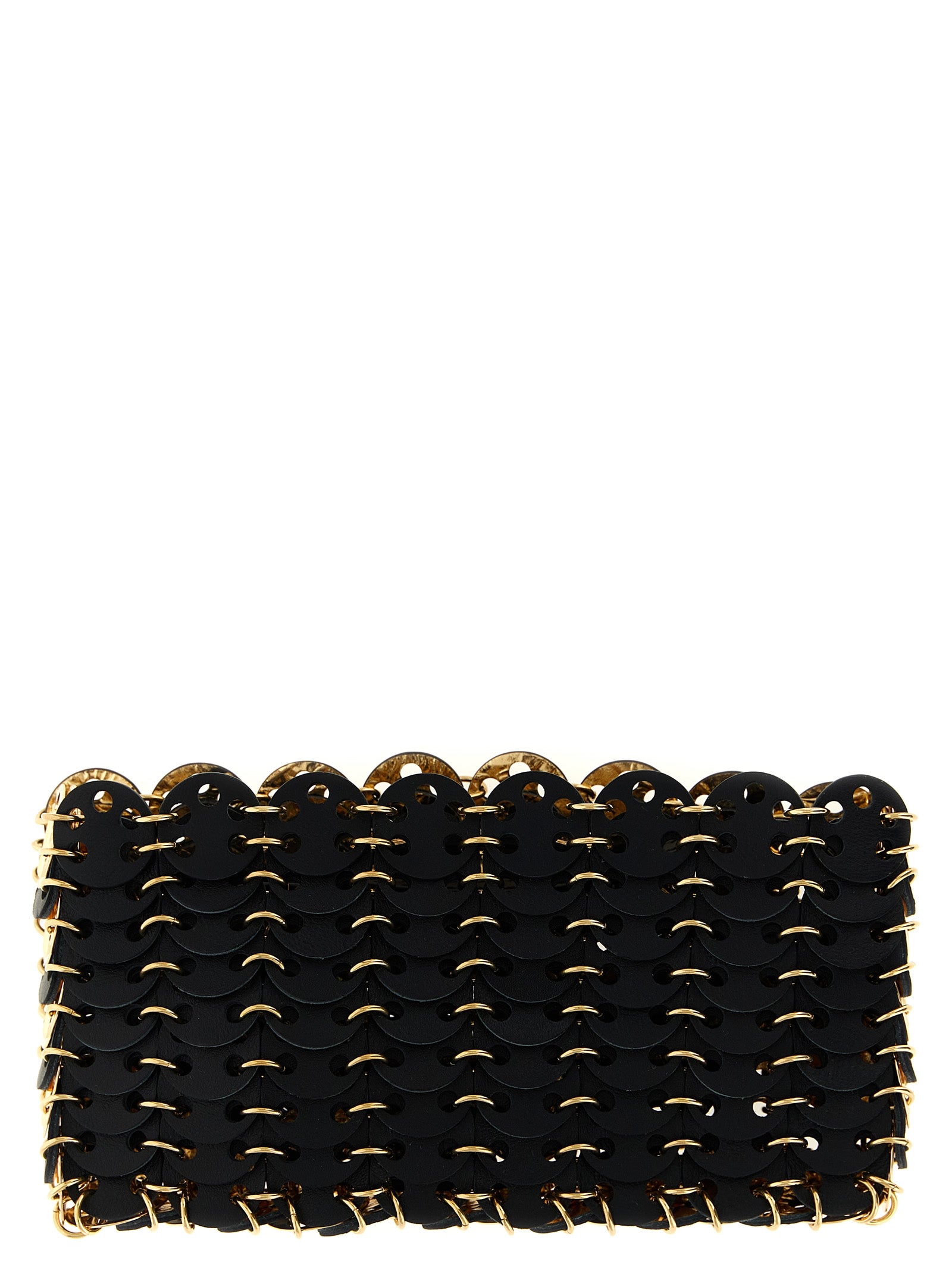 Sac bandoulière en cuir de veau noir de Paco Rabanne, design élégant et moderne avec détails sophistiqués.