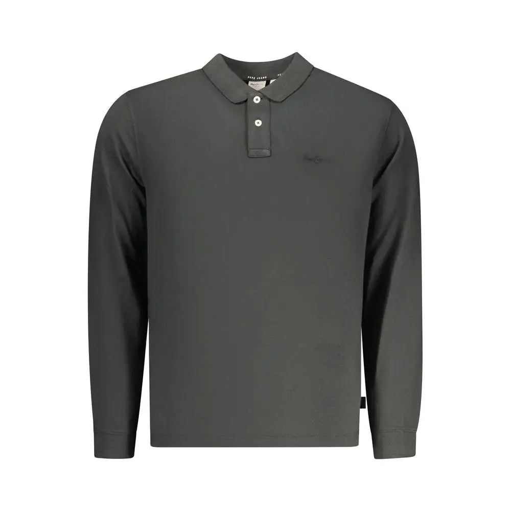 Polo pour homme pepe jeans noir en coton avec col classique et deux boutons blancs manches longues