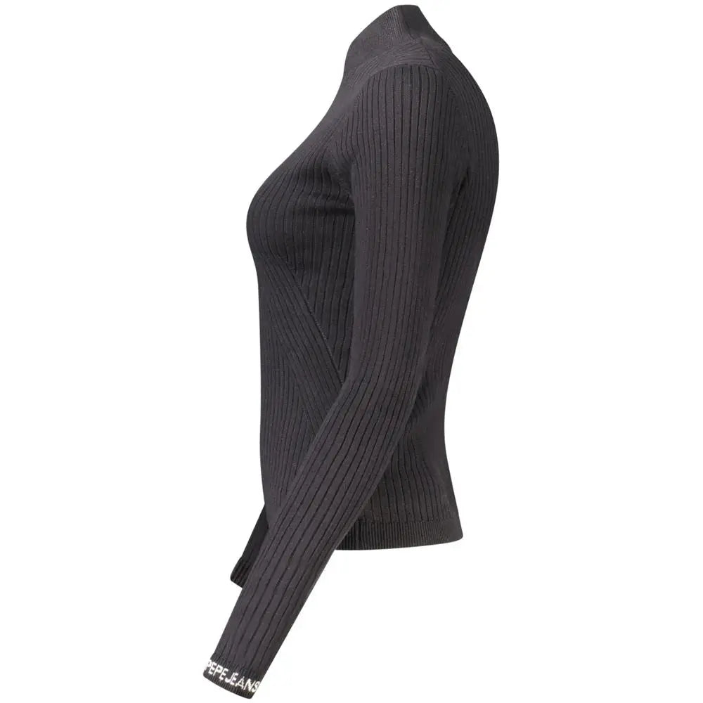 Pull noir en coton pour femme pepe jeans à col montant et manche longue avec logo pepe jeans au poignet