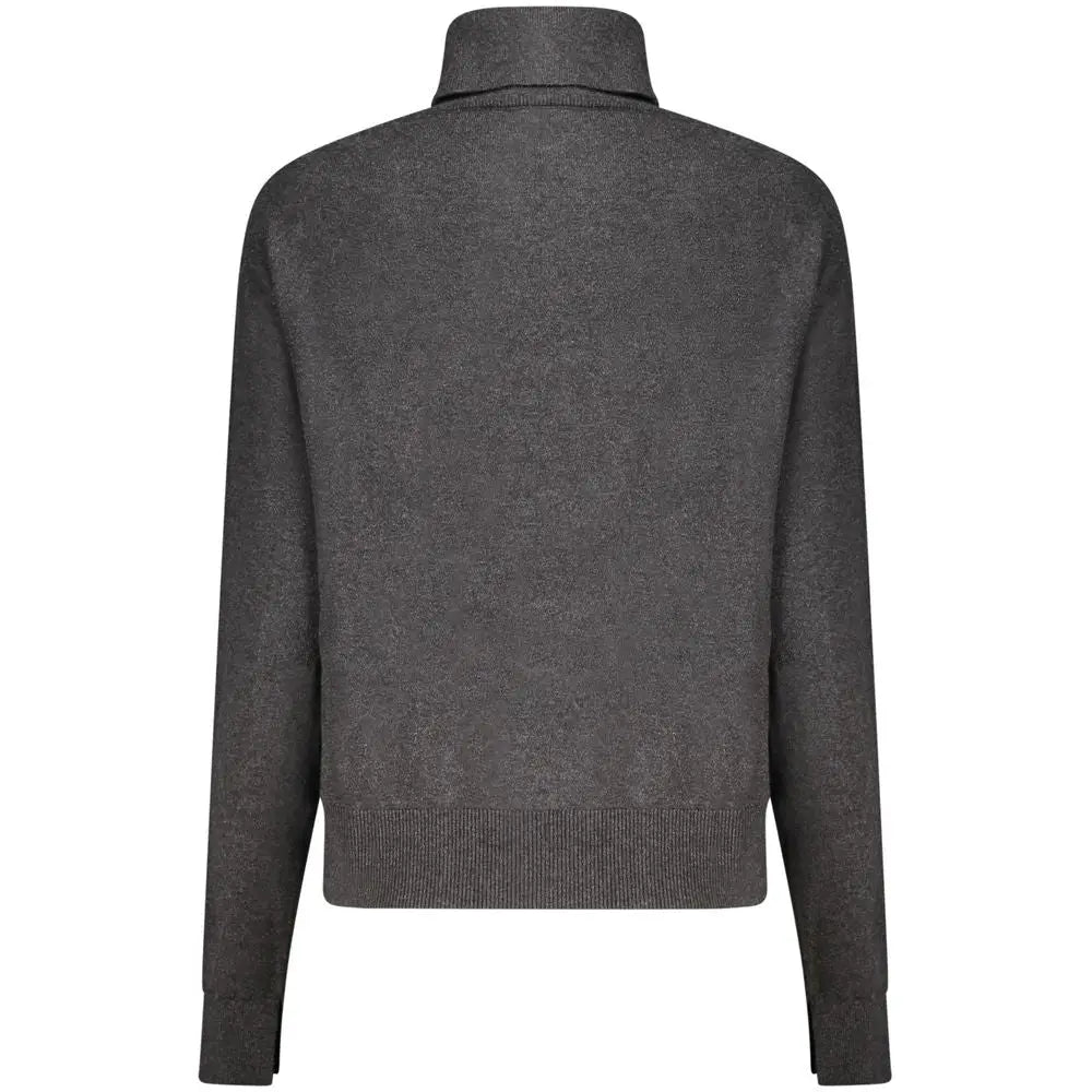 Pull femme pepe jeans noir en coton avec col roulé gris foncé en maille texturée et poignets côtelés