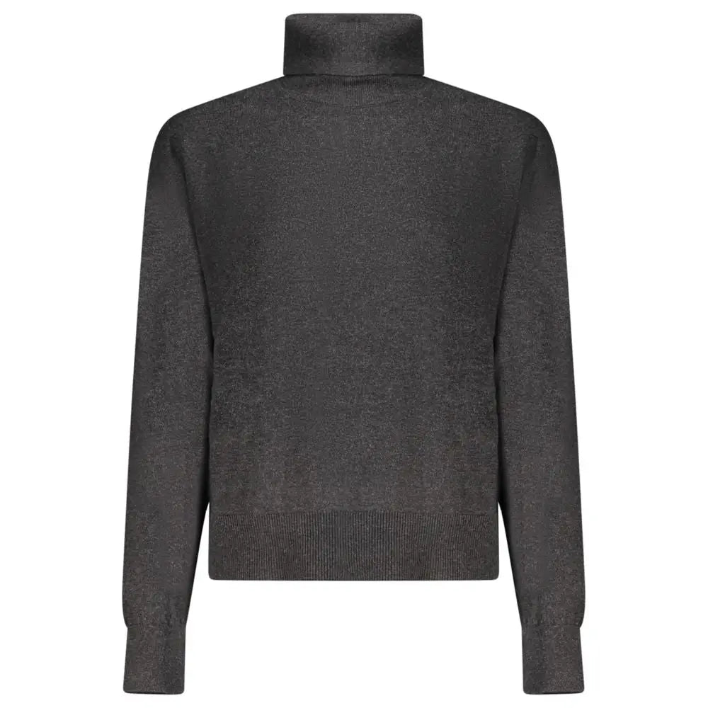 Pull femme pepe jeans noir en coton avec col roulé gris foncé et manches côtelées en maille texturée