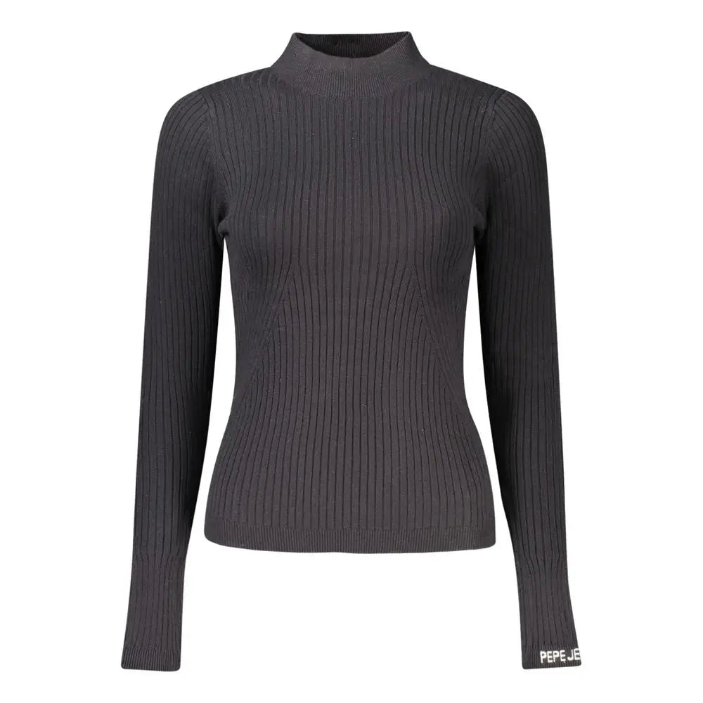 Pull noir en coton pour femme pepe jeans à col roulé côtelé avec design ajusté et logo discret au poignet