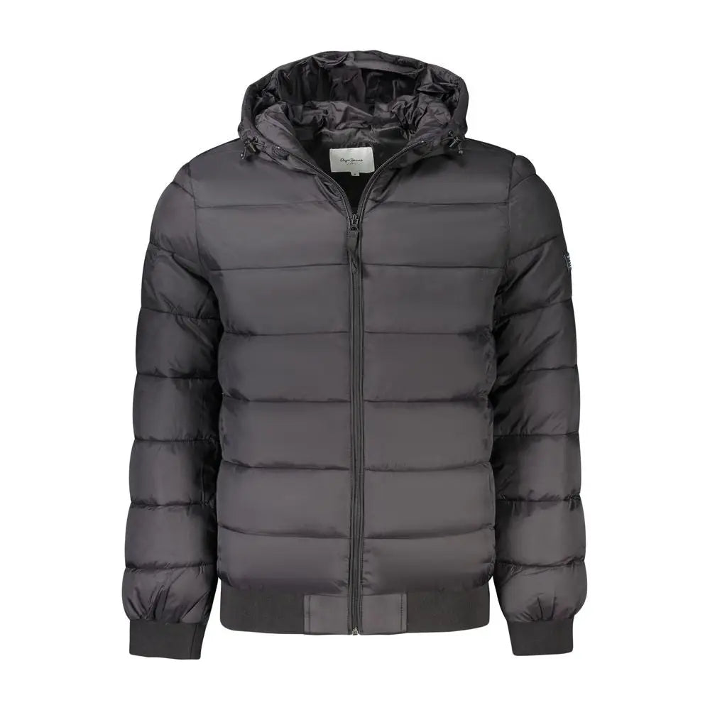 Veste noire matelassée à capuche pepe jeans en polyamide avec fermeture éclair devant et poignets côtelés