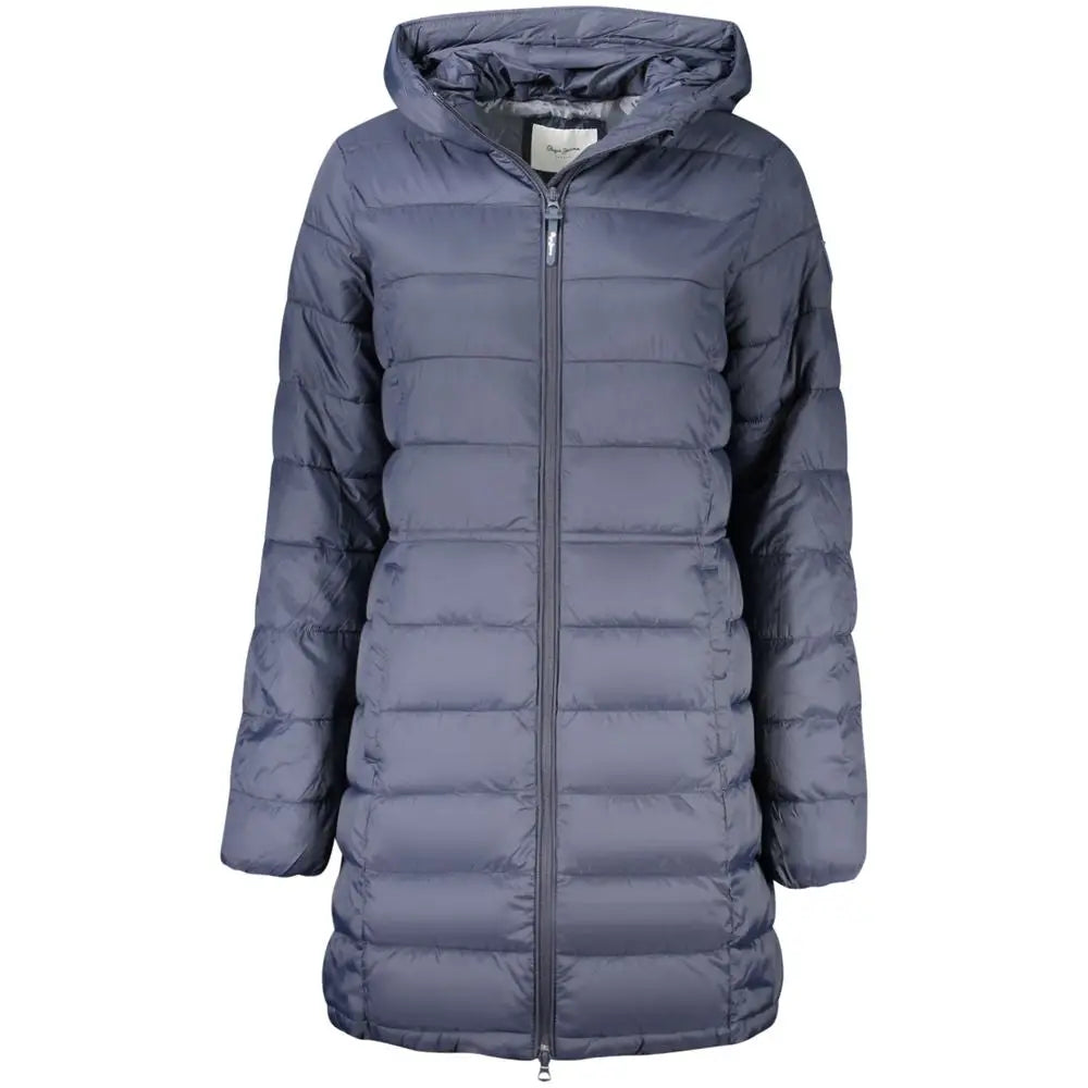 Veste femme pepe jeans blu en polyamide bleu foncé matelassée avec capuche fermeture éclair centrale et poignets élastiques