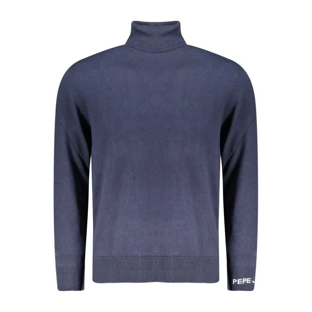 Pull col roulé coton bleu marine pepe jeans pour homme avec poignets et ourlet côtelés et logo brodé blanc manches