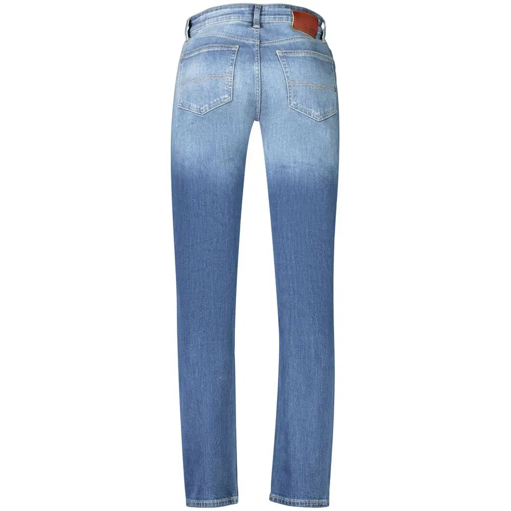 Jeans pepe jeans blue cotton pour homme en denim clair coupe droite vue arrière avec patch en cuir marron