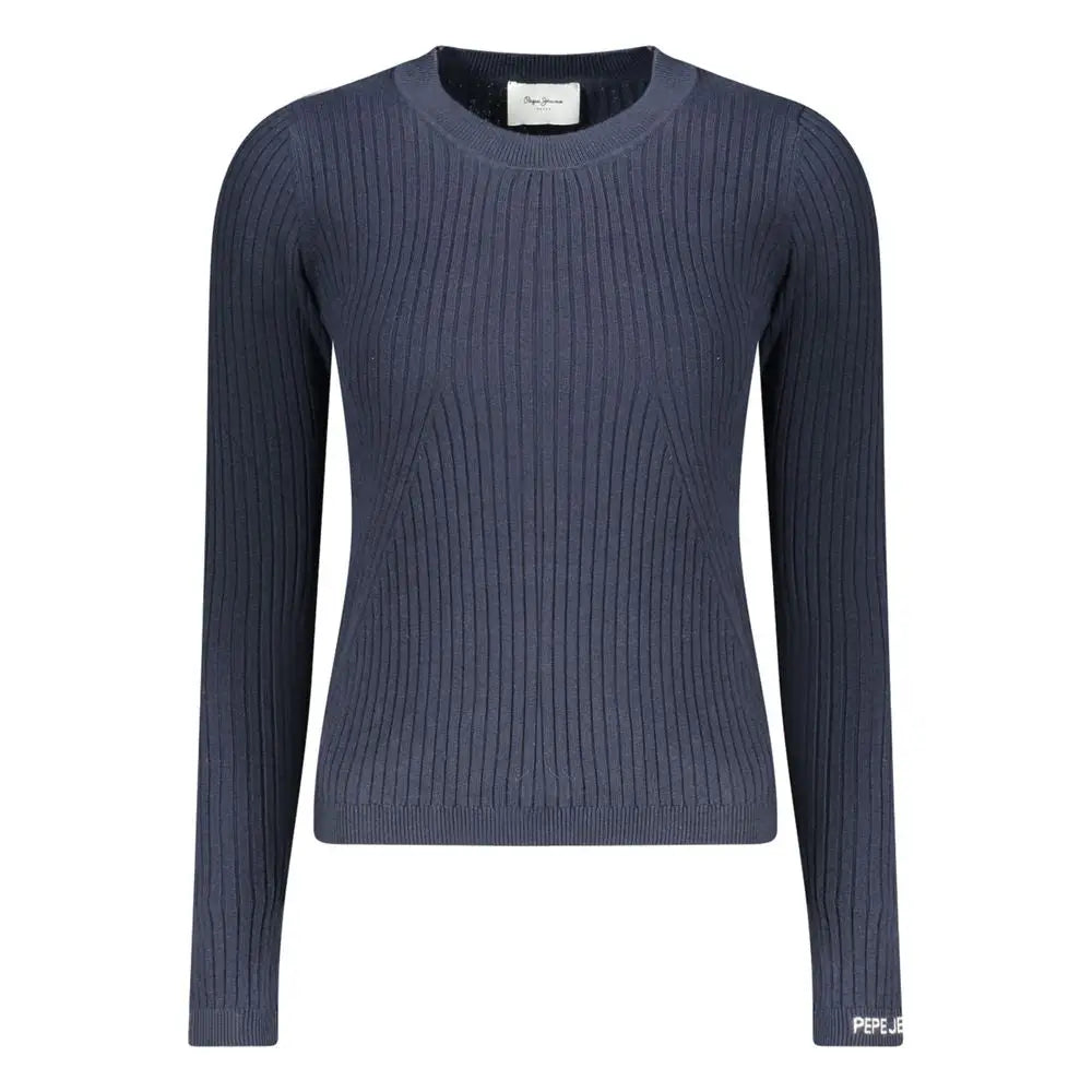 Pepe jeans blue cotton women’s sweater navy blue ribbed knit with crew neck and subtle diagonal pattern on the front