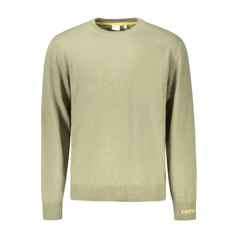 Pull pepe jeans vert en coton pour homme avec col rond, poignets et ourlet côtelés et petit logo jaune sur la manche