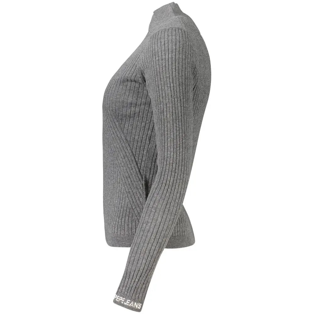 Pull gris en coton pour femme pepe jeans avec col montant et logo brodé sur la manche