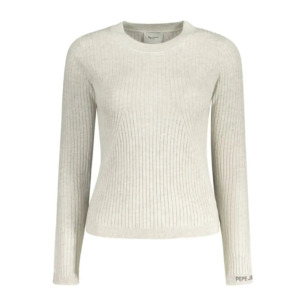 Pull en coton grigio pour femmes pepe jeans beige crème côtelé avec col rond et logo brodé sur la manche