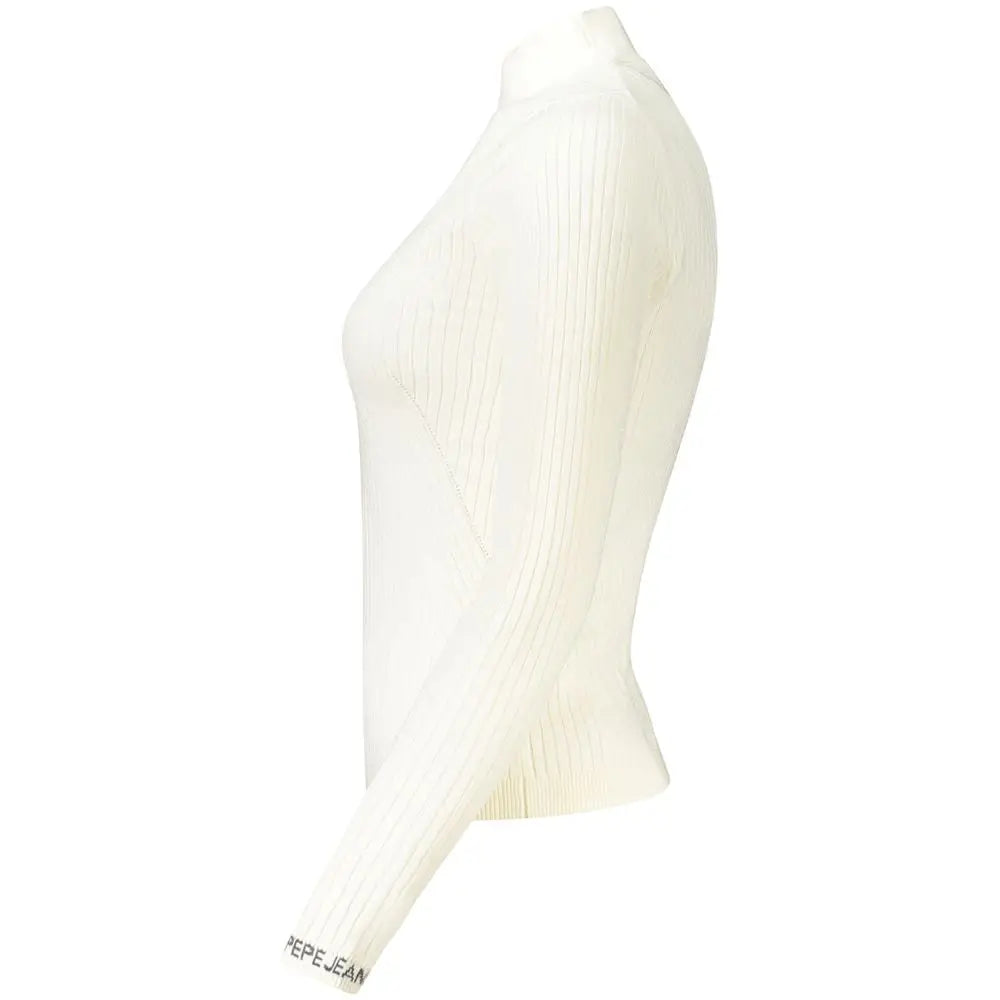 Pull col roulé côtelé crème en coton pour femme pepe jeans avec logo brodé au poignet et silhouette ajustée