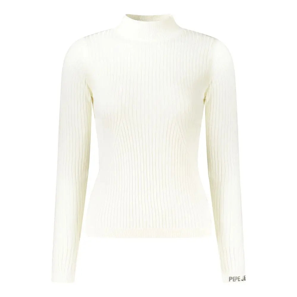 Pull à col roulé en coton blanc crème pepe jeans pour femmes avec maille côtelée et logo brodé sur la manche