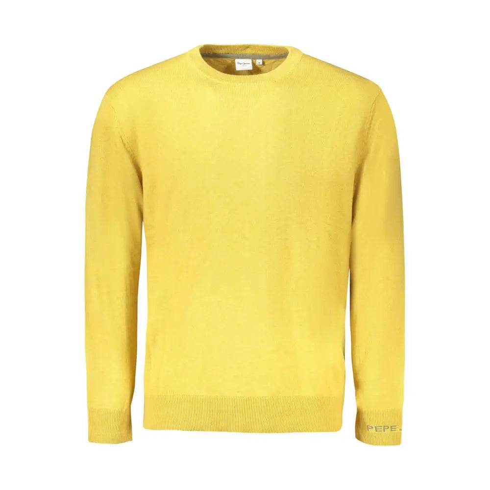 Vibrant yellow pepe jeans men cotton crewneck sweater with ribbed cuffs and hem