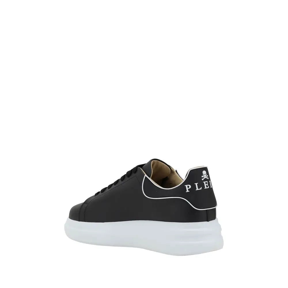 Sneakers philipp plein black en cuir de veau avec semelle en caoutchouc blanche logo crane et marquage plei au talon