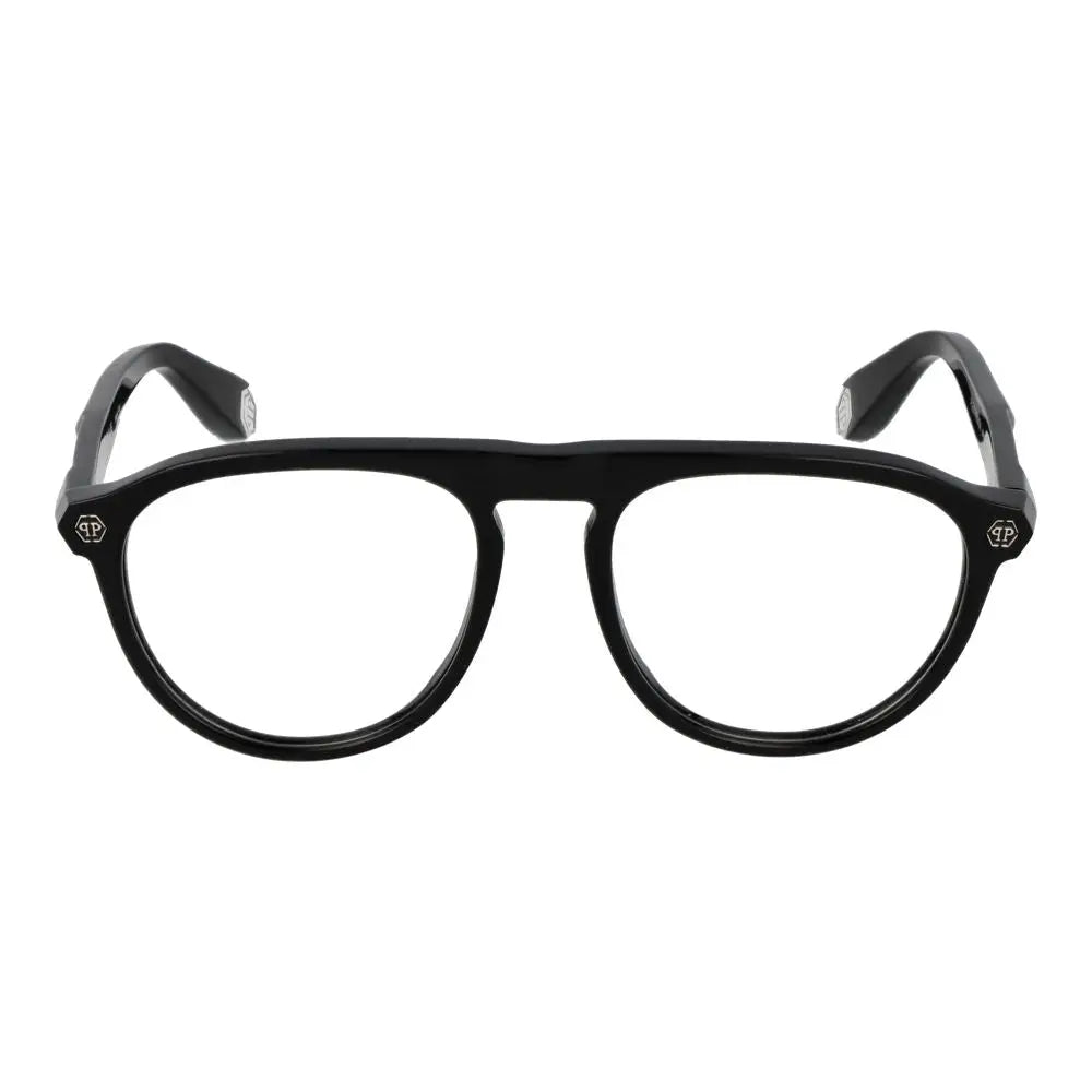 Lunettes philipp plein en acétate noir avec monture arrondie élégante et logos discrets sur les branches