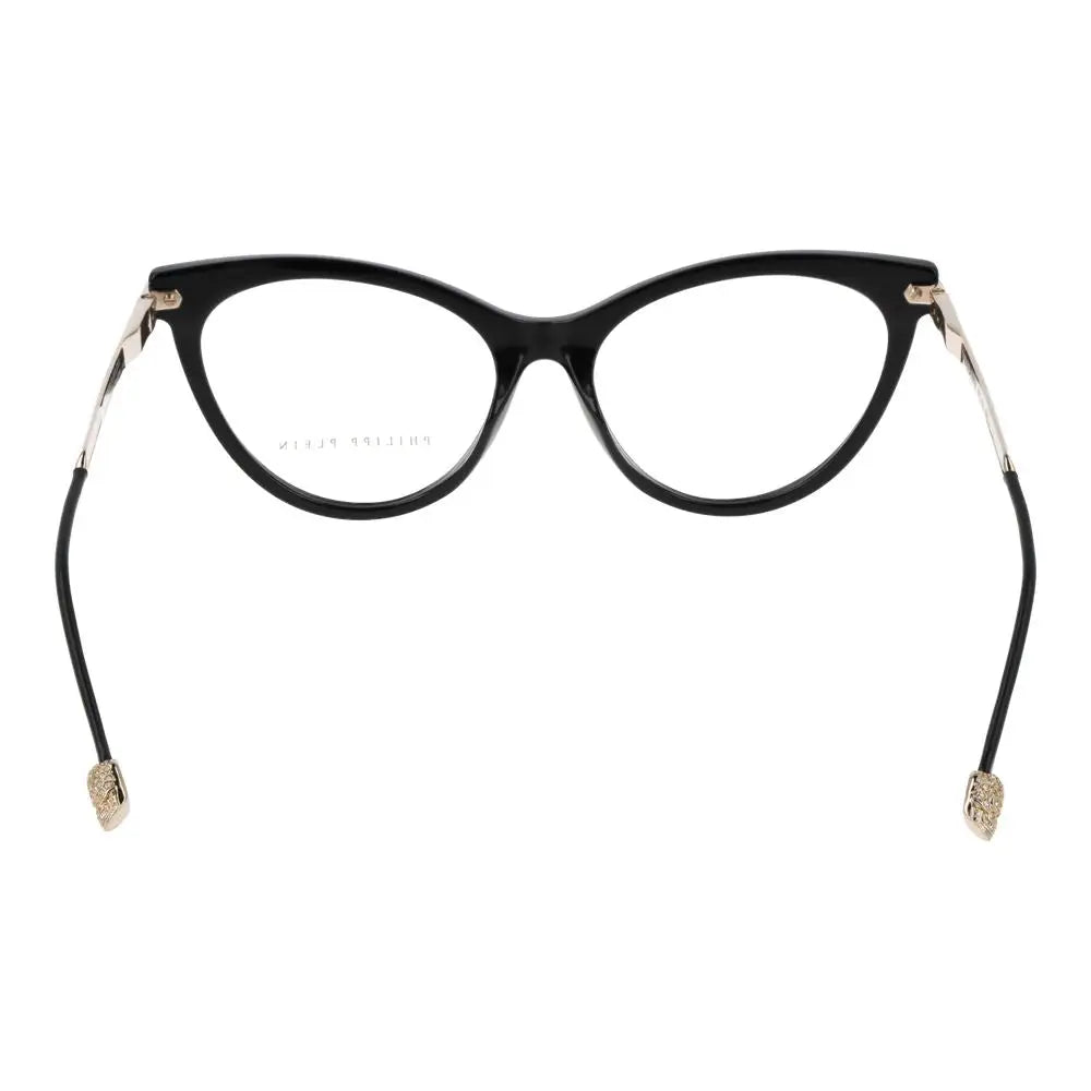 Lunettes philipp plein noires en acétate avec monture œil de chat, détails métal doré et embouts en cristal