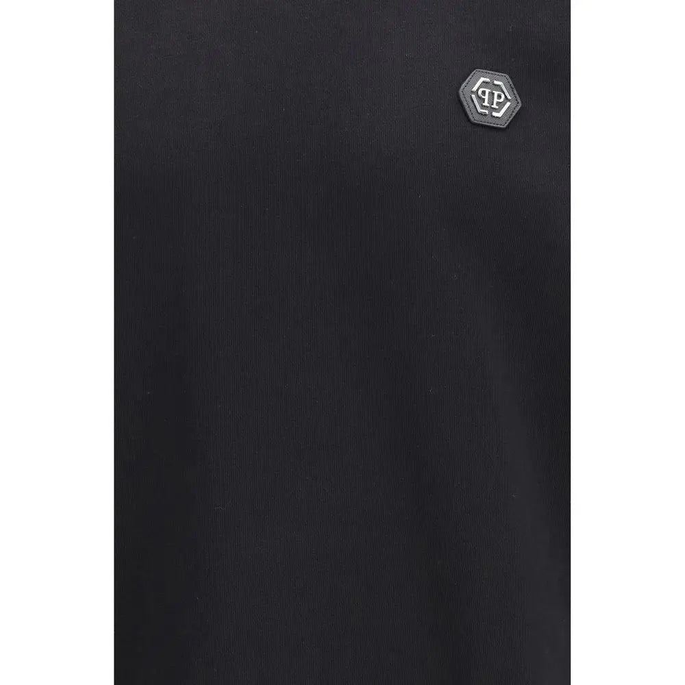 Sweatshirt philipp plein en coton noir avec patch logo hexagonal métallique argenté tp en tissu texturé