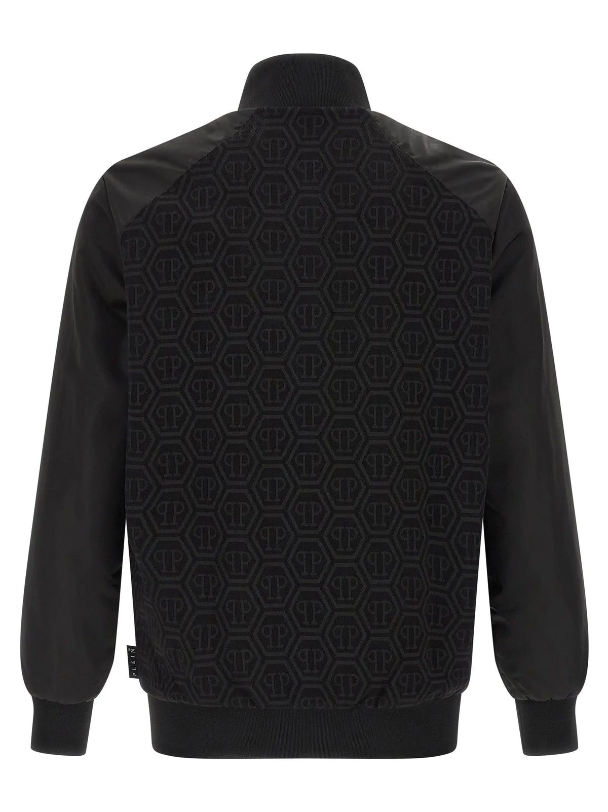 Veste bomber noire avec motif hexagonal répétitif du logo philipp plein au dos en coton