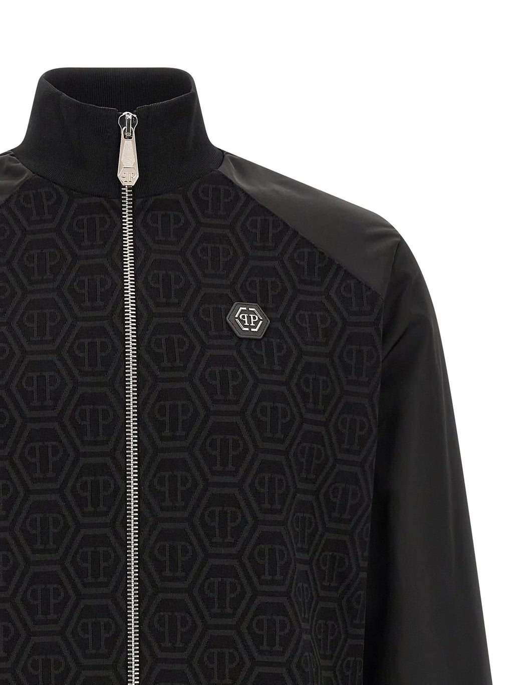 Sweatshirt philipp plein noir en coton avec motif hexagonal répétitif et fermeture éclair argentée contrastée