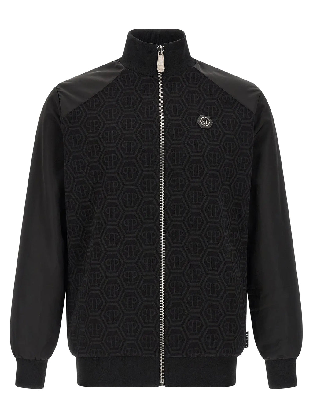 Philipp plein sweat à manches longues en coton noir avec motif logo hexagonal embossé et fermeture éclair argentée