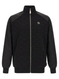 Philipp plein sweat à manches longues en coton noir avec motif logo hexagonal embossé et fermeture éclair argentée