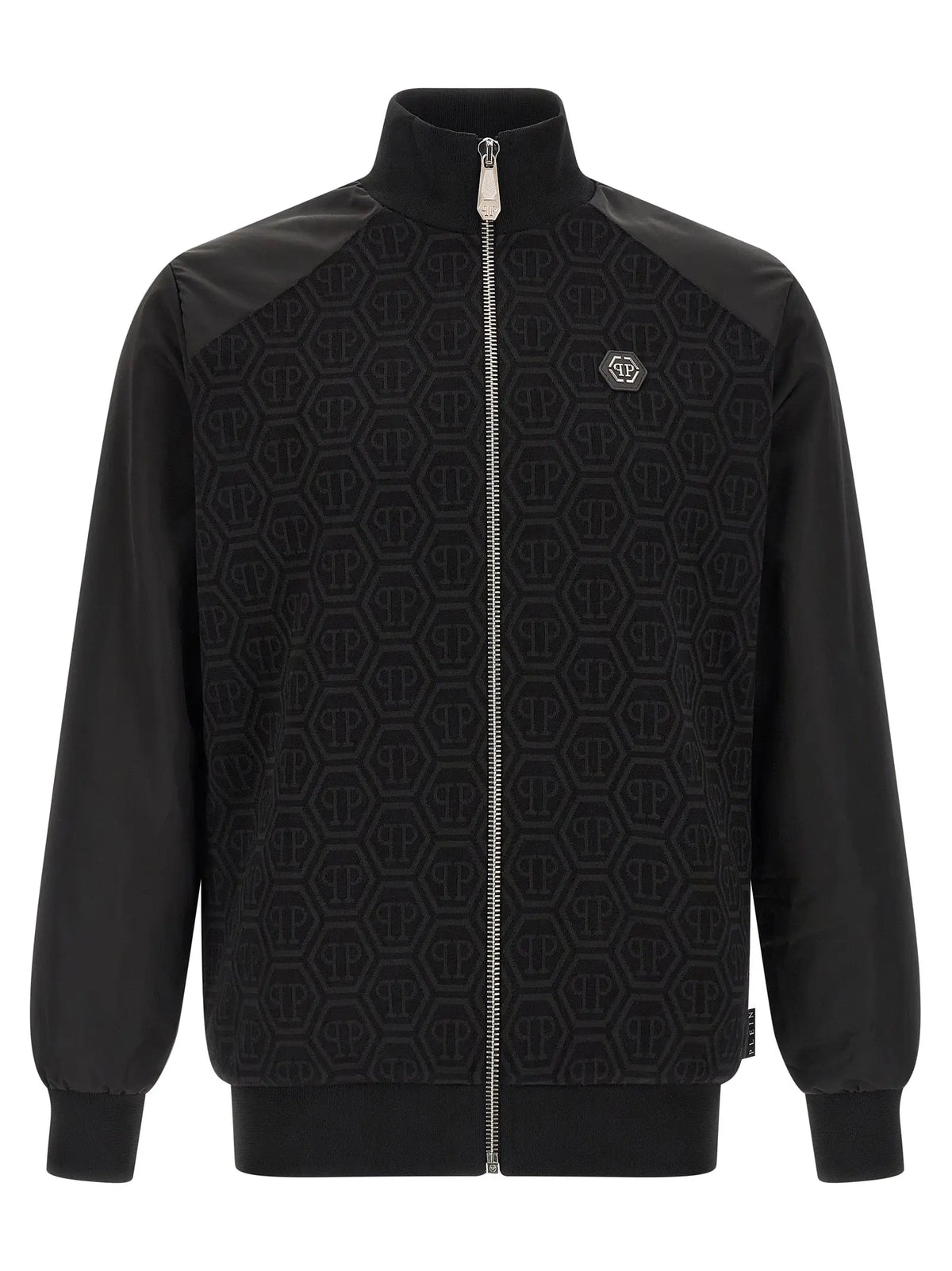 Philipp plein sweat à manches longues en coton noir avec motif logo hexagonal embossé et fermeture éclair argentée