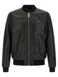 Veste en cuir dagneau noire philipp plein avec fermeture éclair métallique et logo brodé sur la poitrine