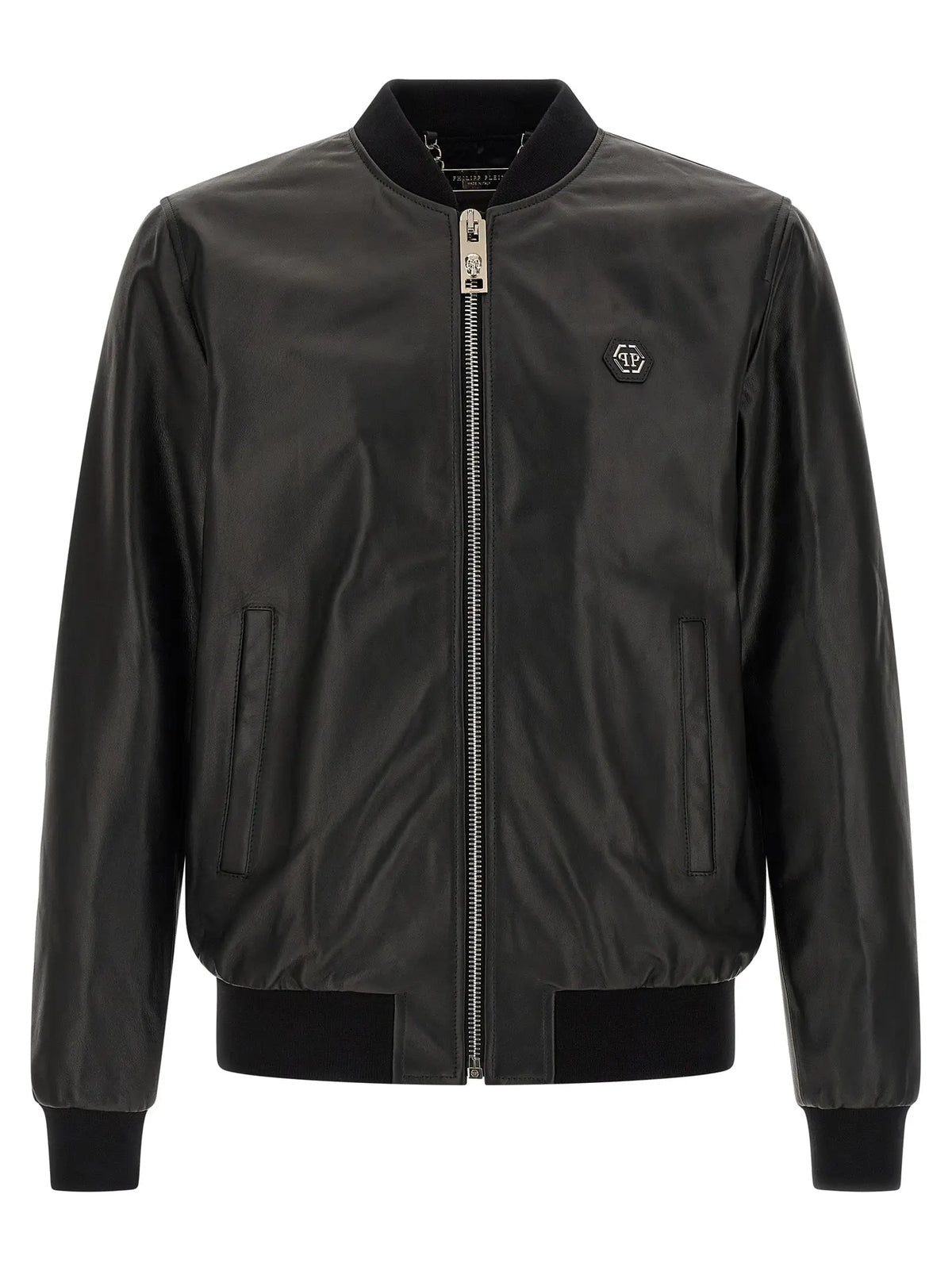 Veste en cuir dagneau noire philipp plein avec fermeture éclair métallique et logo brodé sur la poitrine