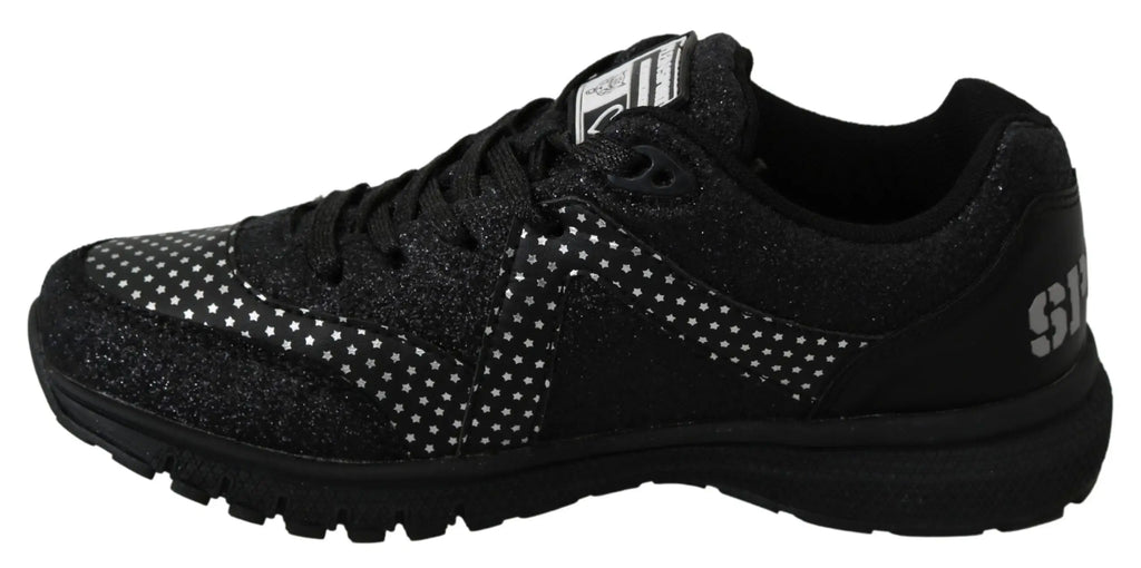 Baskets de course philipp plein jasmines noires avec paillettes, étoiles blanches et semelle en caoutchouc texturée