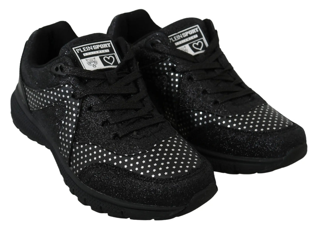 Baskets de course philipp plein noires en paillettes avec motifs étoiles blanches et logo plein sport sur la languette