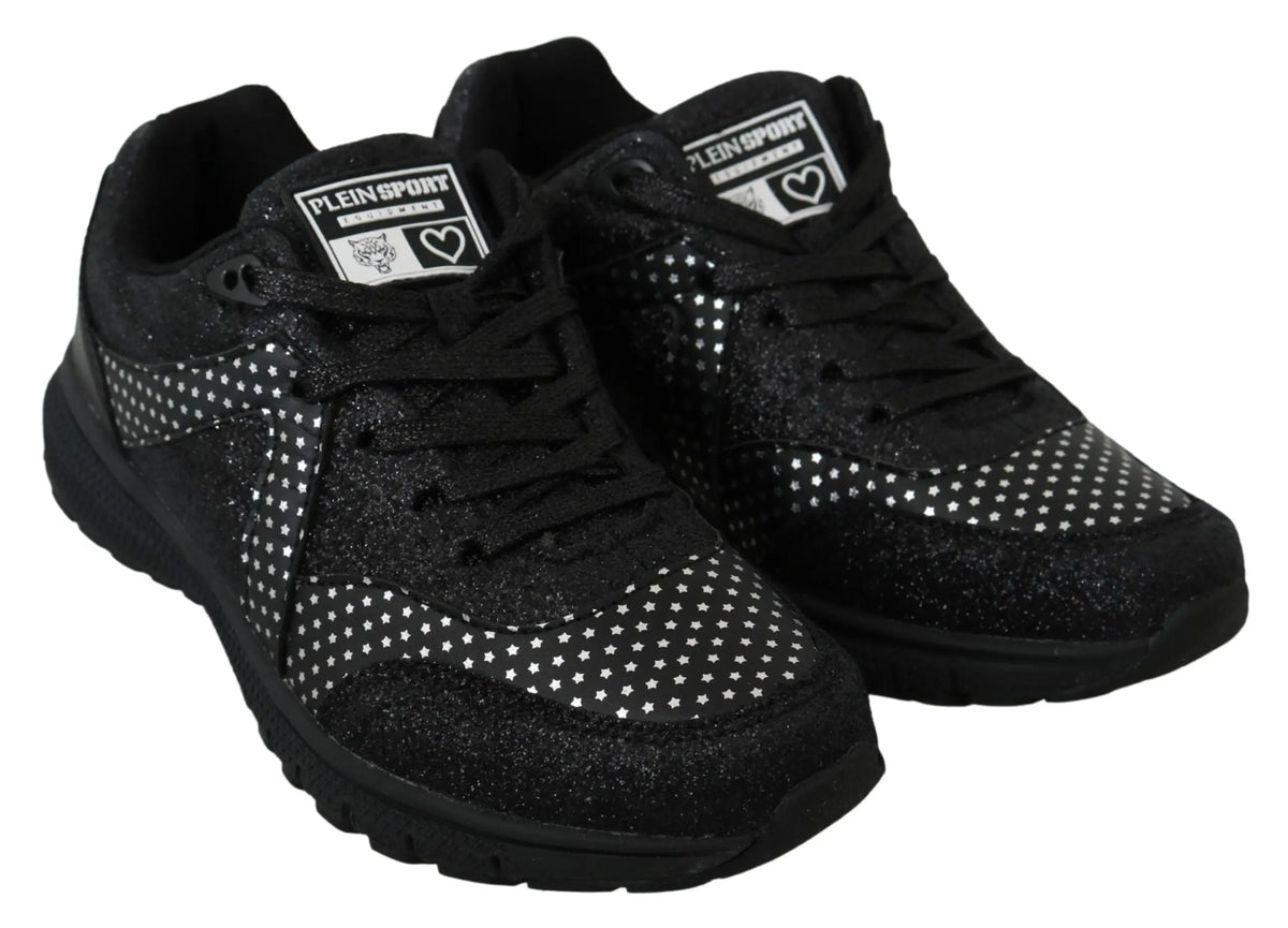 Baskets de course philipp plein noires en paillettes avec motifs étoiles blanches et logo plein sport sur la languette