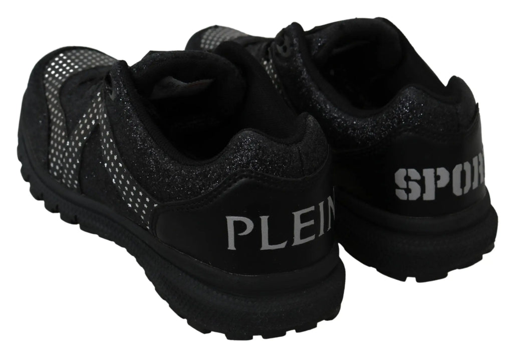 Vue arrière des baskets de course jasmines noires philipp plein avec accents pailletés et empeigne en mesh