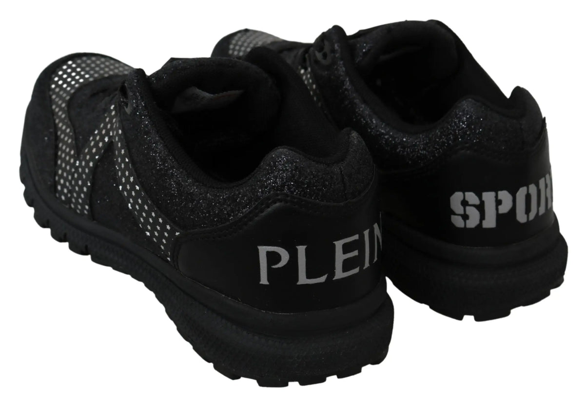 Vue arrière des baskets de course jasmines noires philipp plein avec accents pailletés et empeigne en mesh