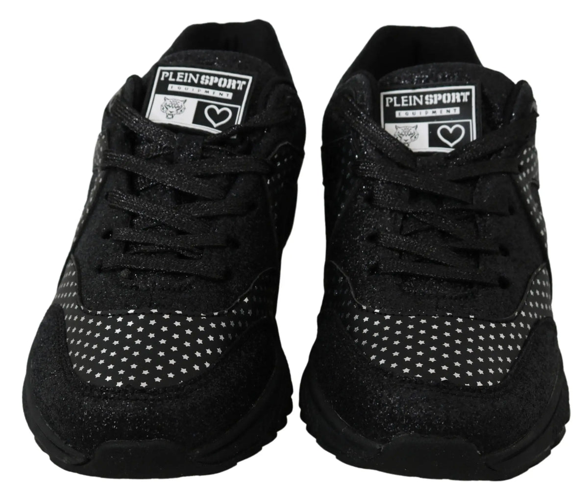 Baskets de course philipp plein black jasmines noires avec dessus texturé, motifs étoiles blancs et accents pailletés