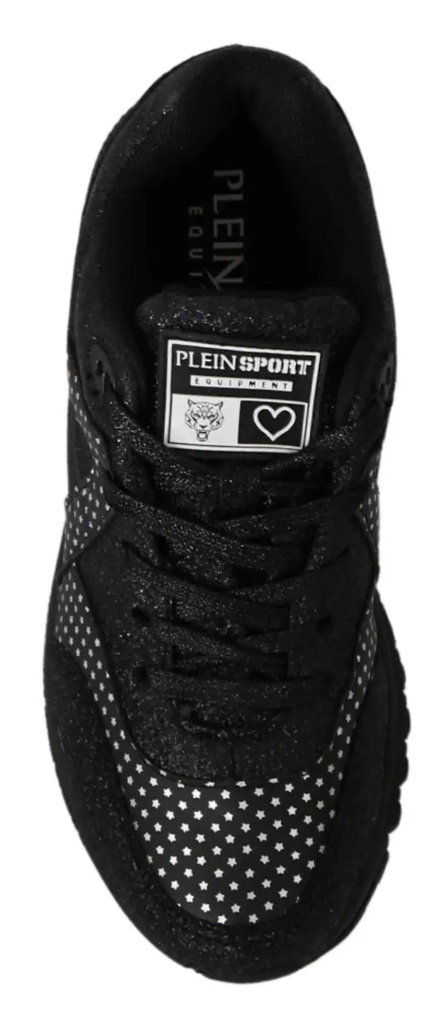 Baskets de course philipp plein jasmines noires avec tige en mesh pailleté étoiles blanches et logo cœur