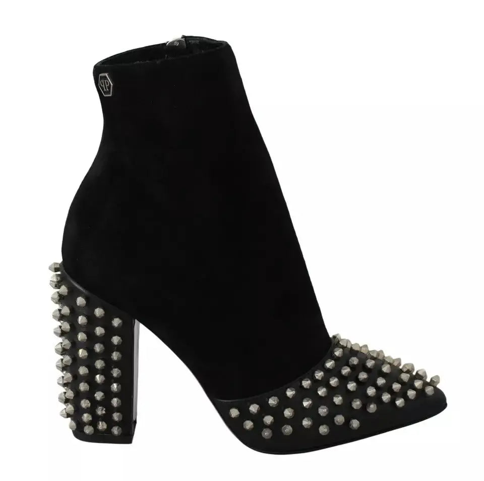 Black suede ankle boots by Philipp Plein with silver studs on toe and chunky heel for stylish wear