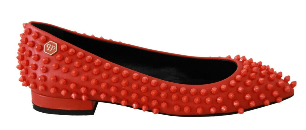 Chaussures ballerines en cuir orange Philipp Plein, modèle What I Do, élégantes et confortables, vues de face.