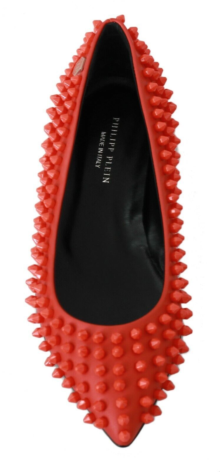 Chaussures ballerines en cuir orange Philipp Plein "What I Do" avec détails élégants, vues de face sur une surface blanche.