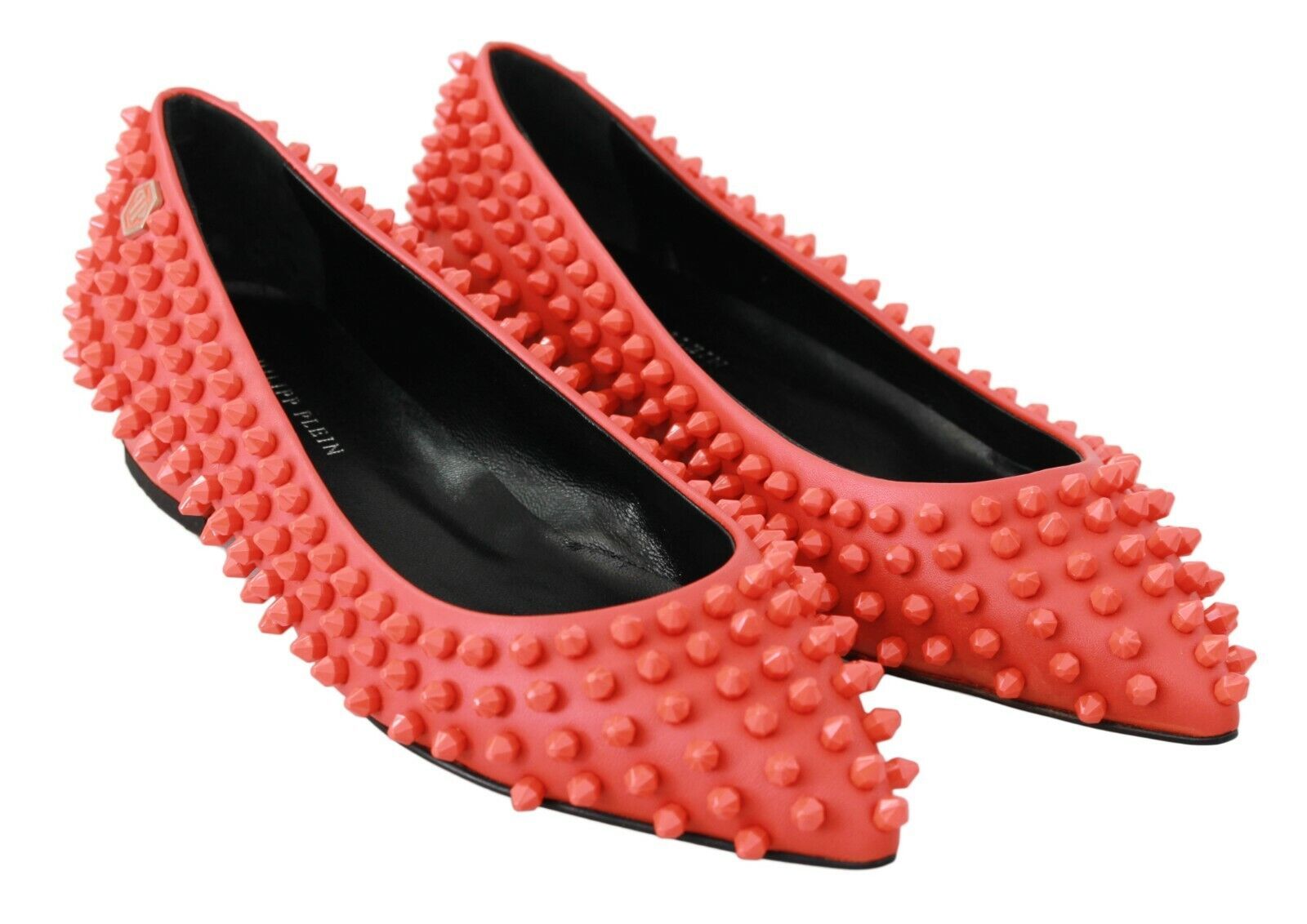 Chaussures ballerines en cuir orange Philipp Plein, modèle What I Do, chaussures plates élégantes et confortables pour femmes.