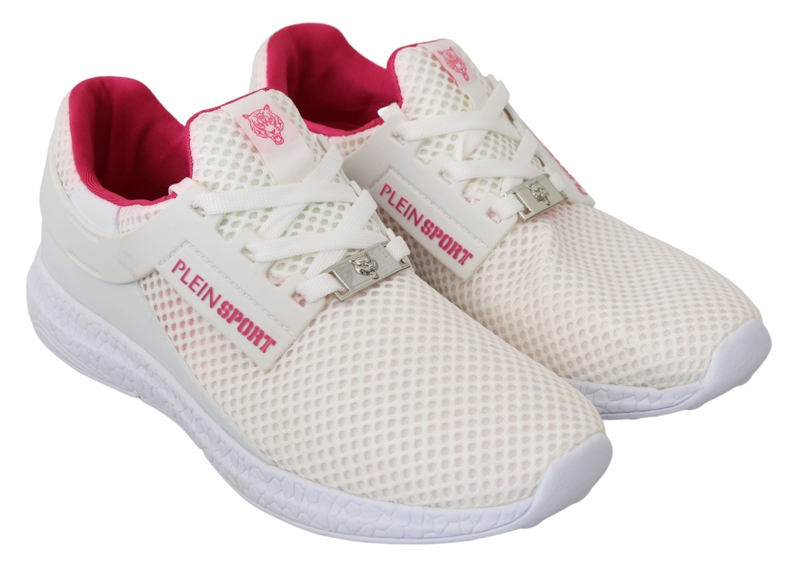 Chaussures sneakers Philipp Plein Becky en polyester blanc et rose, vue de face, avec détails de design élégants.