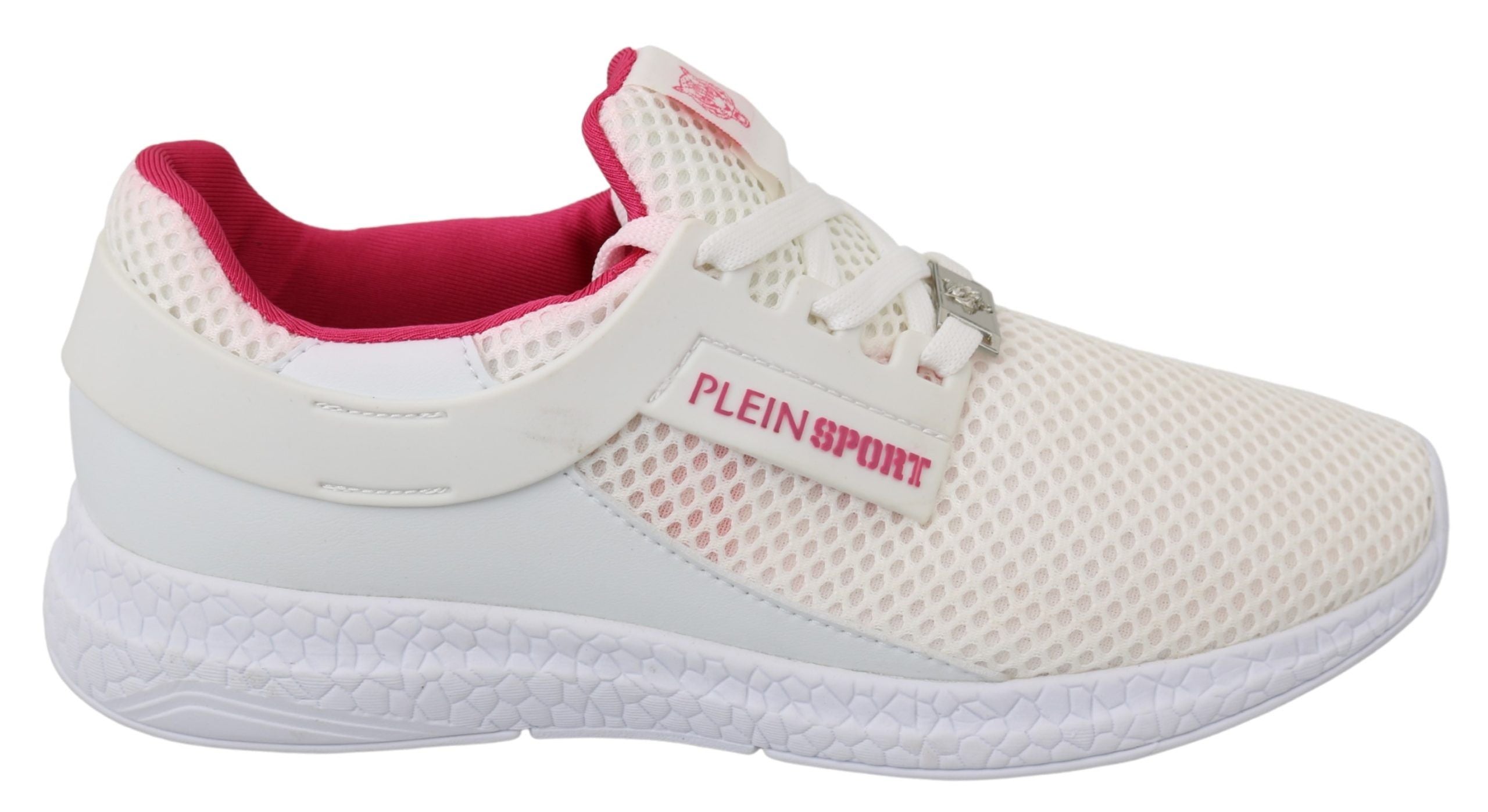 Chaussures sneakers Philipp Plein Becky blanches et roses en polyester, vue de face.