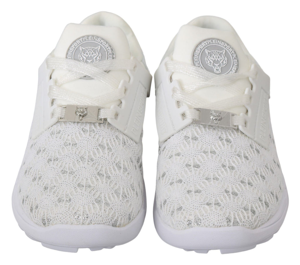 Chaussures sneakers décontractées en polyester blanc de Philipp Plein, vue de face, avec design moderne et détails stylés.