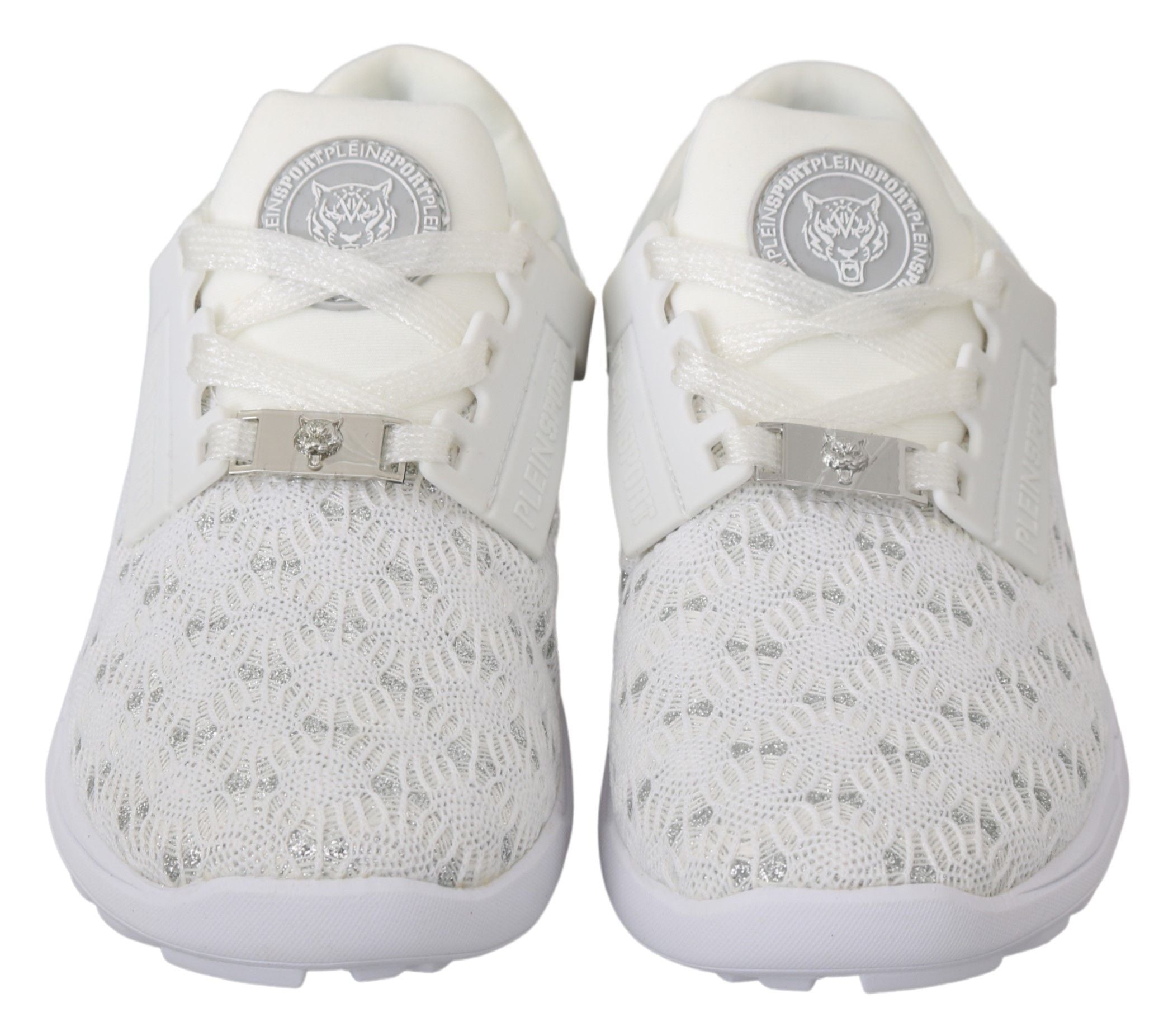 Chaussures sneakers décontractées en polyester blanc de Philipp Plein, vue de face, avec design moderne et détails stylés.