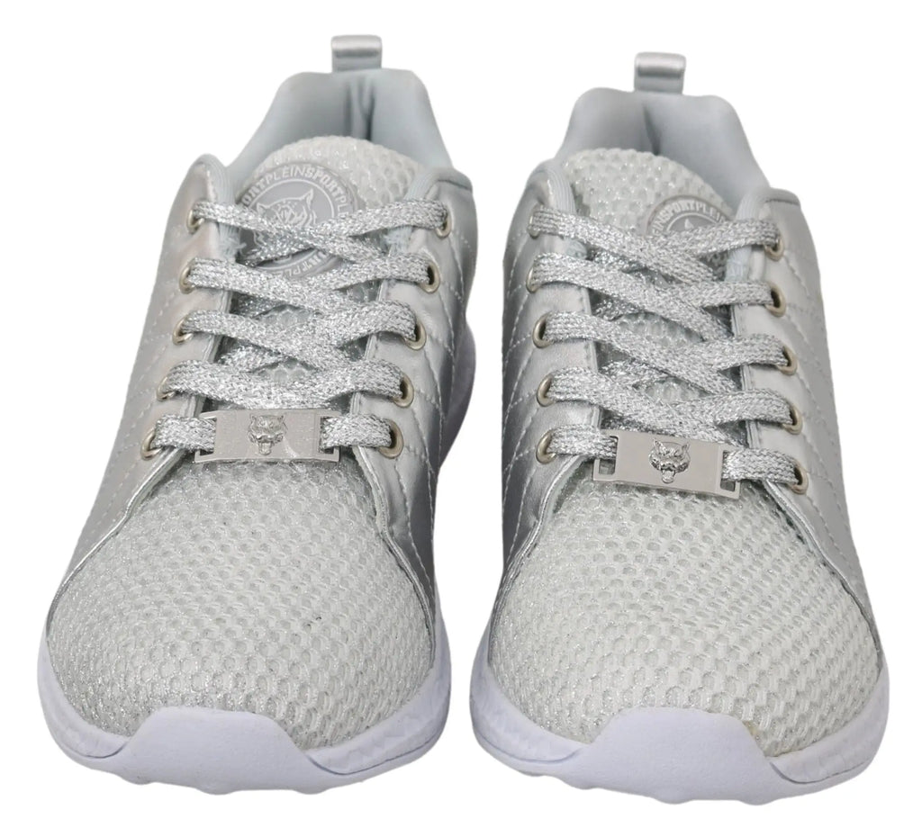 Baskets philipp plein gisella en polyester argent avec lacets pailletés et plaques tigre métalliques