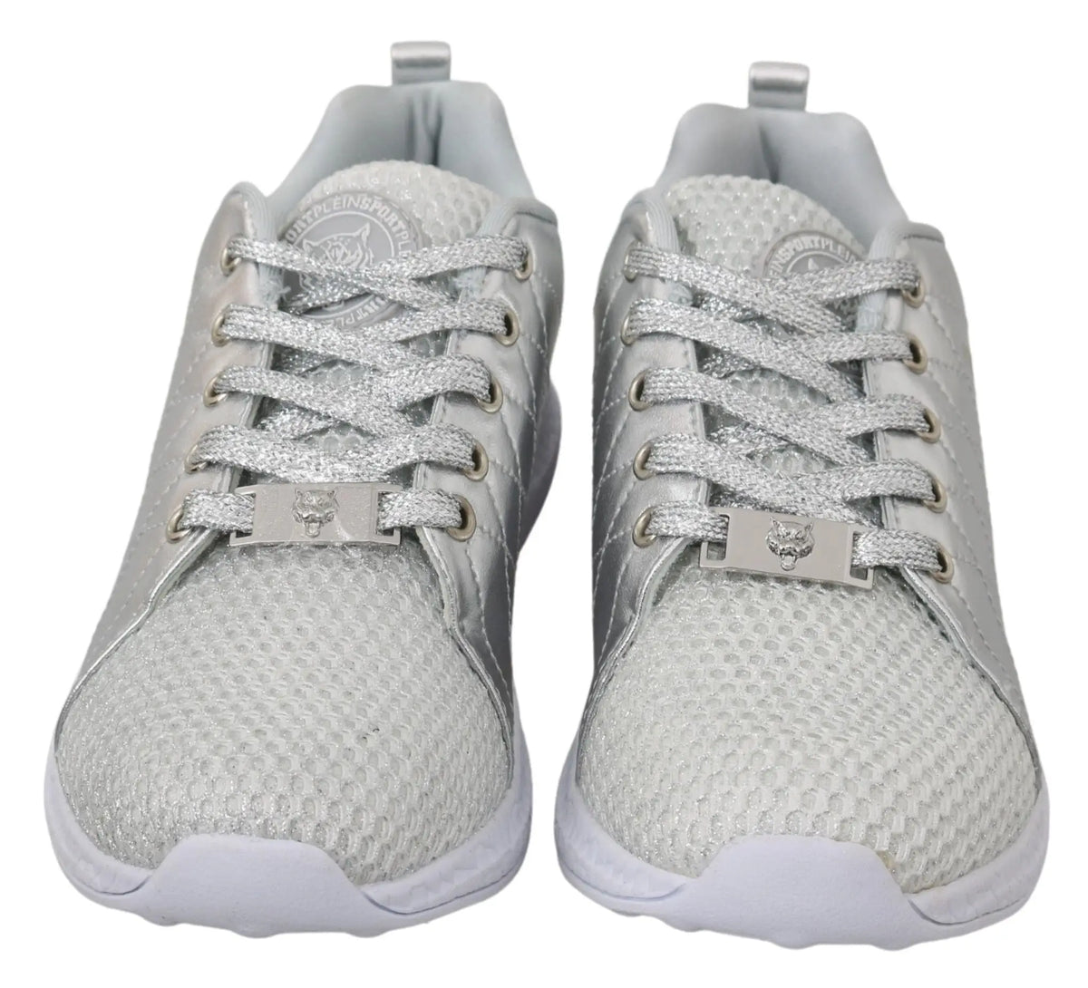 Baskets philipp plein gisella en polyester argent avec lacets pailletés et plaques tigre métalliques