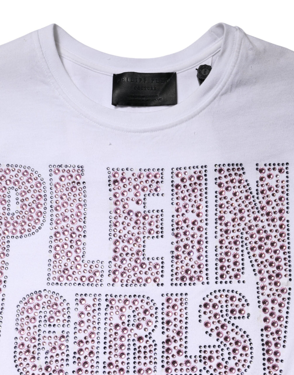 T-shirt blanc à manches courtes Philipp Plein avec embellissements, col ras du cou, style décontracté et élégant.
