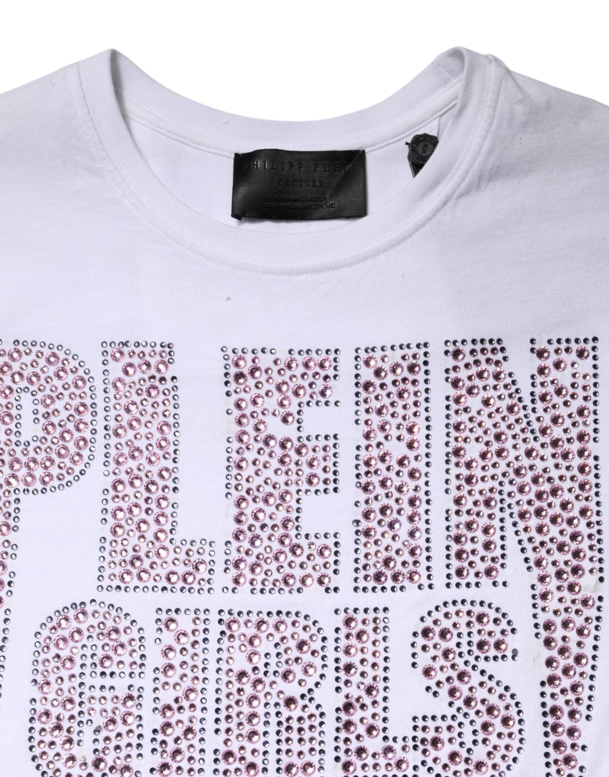 T-shirt blanc à manches courtes Philipp Plein avec embellissements, col ras du cou, style décontracté et élégant.
