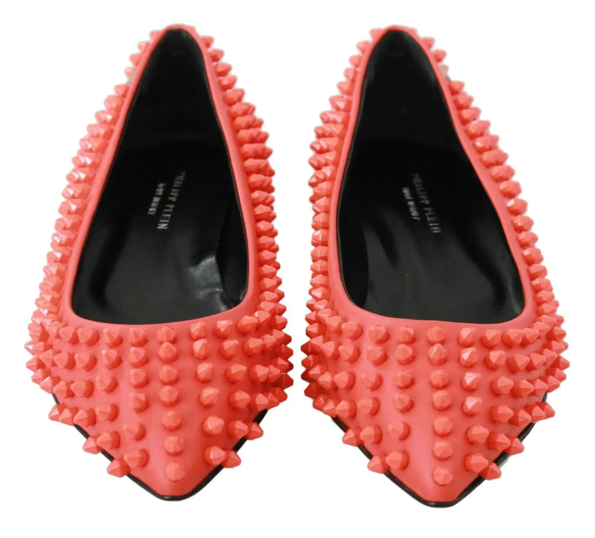 Ballerines philipp plein orange en cuir avec pointes et semelle intérieure noire brillante